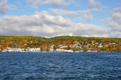 Bayfield, Wisconsin viewed from Lake Superior in autumn